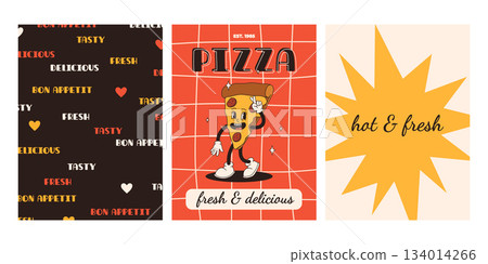 Set of fast food posters. Retro groovy cards with street food characters. Brochure with funky groovy burger, french fries, soda, ice cream, donut, pie, coffee to go, sandwich. Fast food delivery Set of fast food posters. Retro groovy cards with street food characters. Brochure with funky groovy burger, french fries, soda, ice cream, donut, pie, coffee to go, sandwich. Fast food delivery 134014266