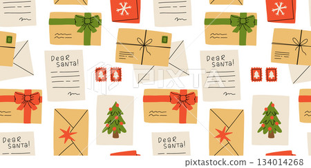 Christmas seamless pattern. Santa mail. X-mas opened and closed envelopes, decorated with branches and seals, postage stamps. Holiday vector background for wrapping paper, textile 134014268