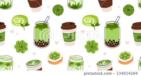 Japanese Matcha Food. Seamless pattern with Matcha Cheesecake and Matcha Tea. Vegan japanese green tea pastries and drink. Repeated Vector background, wrapping paper. Baked tart with green tea flavor. 134014269