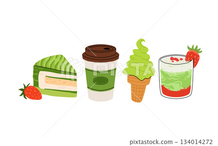 Matcha tea, latte, iced matcha. Vector set with japanese matcha desserts. Collection with mochi, cake and roll cake, pancakes, macaron, soft serve ice cream, matcha tart and cupcake with strawberry. Matcha tea, latte, iced matcha. Vector set with japanese matcha desserts. Collection with mochi, cake and roll cake, pancakes, macaron, soft serve ice cream, matcha tart and cupcake with strawberry. 134014272
