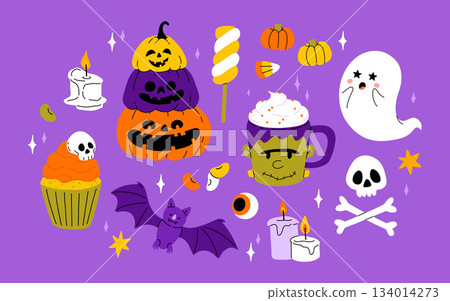 Cute kids Halloween set. Happy pumpkin, zombie hand, cute ghost, skull cupcake candy and witch potion. October holiday stickers, design elements bundle. Isolated flat vector illustrations Cute kids Halloween set. Happy pumpkin, zombie hand, cute ghost, skull cupcake candy and witch potion. October holiday stickers, design elements bundle. Isolated flat vector illustrations 134014273