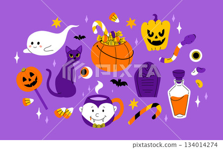 Cute kids Halloween set. Happy pumpkin, zombie hand, cute ghost, skull cupcake candy and witch potion. October holiday stickers, design elements bundle. Isolated flat vector illustrations Cute kids Halloween set. Happy pumpkin, zombie hand, cute ghost, skull cupcake candy and witch potion. October holiday stickers, design elements bundle. Isolated flat vector illustrations 134014274