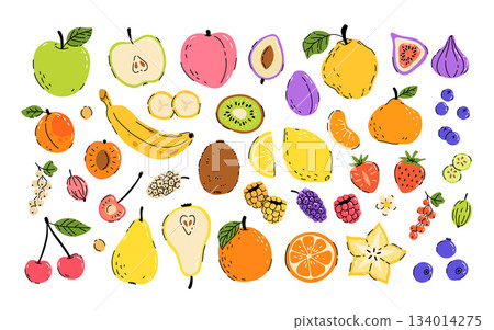 Set with hand drawn fruit doodles. Flat tropical set of banana, apple, pear, peach, strawberry, lemon, cherry, fig, quince, starfruit and some berries. Mulberry, raspberry, strawberry Set with hand drawn fruit doodles. Flat tropical set of banana, apple, pear, peach, strawberry, lemon, cherry, fig, quince, starfruit and some berries. Mulberry, raspberry, strawberry 134014275