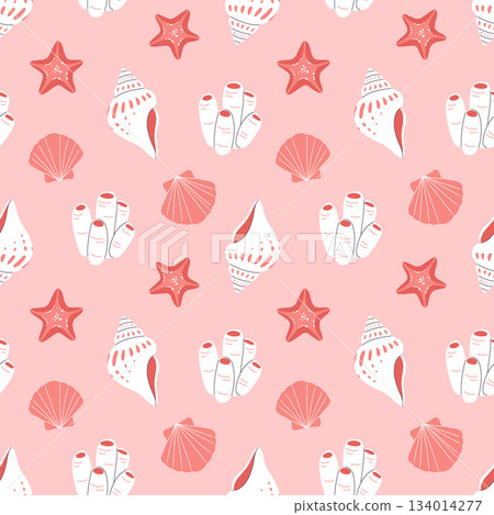 Beautiful coral reefs. Natural seamless pattern with undersea flora and fauna, sea or ocean life. Undersea backdrop with coral, algae, starfish, shells. Flat vector illustration Beautiful coral reefs. Natural seamless pattern with undersea flora and fauna, sea or ocean life. Undersea backdrop with coral, algae, starfish, shells. Flat vector illustration 134014277