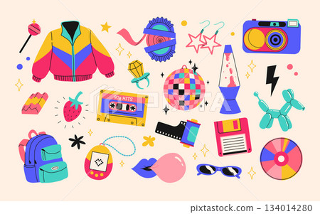 Classic 80s back to 90s elements in modern flat style. Hand drawn sticker set, vector illustration. Fashion patch, badge, emblem with vintage accessories. 134014280