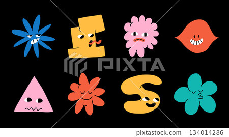 Abstract elements set. Star, flower, cloud shapes sticker pack. Groovy funky flower, bubble, star, loop, waves with cartoon faces. Trendy retro 90s 00s cartoon style. Abstract elements set. Star, flower, cloud shapes sticker pack. Groovy funky flower, bubble, star, loop, waves with cartoon faces. Trendy retro 90s 00s cartoon style. 134014286