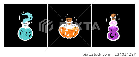 Flat cartoon bottles with magic potion. Alchemical drink in magic jars, flasks, elixir. Halloween witch drinks, star, love, ghost, pumpkin, zombie potions, poison and vampire blood. 134014287