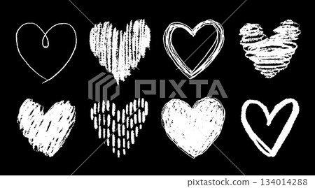 Set of white doodle-style hearts drawn by hand. Grunge scrawls, chalk scribbles, rough brush strokes, underlines and circles. Bold charcoal freehand hearts. Crayon or marker scribbles Set of white doodle-style hearts drawn by hand. Grunge scrawls, chalk scribbles, rough brush strokes, underlines and circles. Bold charcoal freehand hearts. Crayon or marker scribbles 134014288