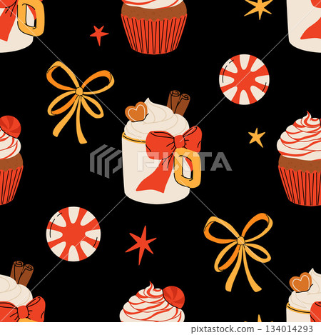 Seamless Christmas pattern with cacao drink, ginger cookie, present and lollipop. Vector illustration for textile, postcard, wrapping paper, poster, background, book, t-shirt. Seamless Christmas pattern with cacao drink, ginger cookie, present and lollipop. Vector illustration for textile, postcard, wrapping paper, poster, background, book, t-shirt. 134014293