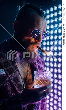Man enjoys whiskey while smoking cigar in vibrant setting with bright lights. He looks at camera expressing confidence. Concept of nightlife, luxury, entertainment industry. Man enjoys whiskey while smoking cigar in vibrant setting with bright lights. He looks at camera expressing confidence. Concept of nightlife, luxury, entertainment industry. 134014294