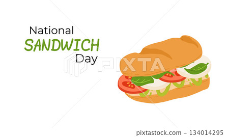 National Sandwich Day banner with colorful sandwiches filled with fresh vegetables, cheese and meat. Design for holiday promotions, or culinary projects. 134014295
