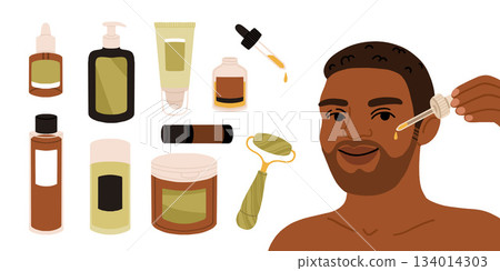Man applying cosmetic serum or mask on his face, cartoon flat vector illustration isolated on white background. Skincare and cosmetic home procedure for men. Man applying cosmetic serum or mask on his face, cartoon flat vector illustration isolated on white background. Skincare and cosmetic home procedure for men. 134014303