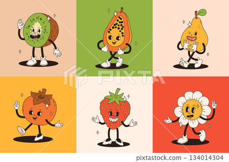 Retro groovy fruit characters. Big collection of funky happy mascots with happy smiling face. 134014304