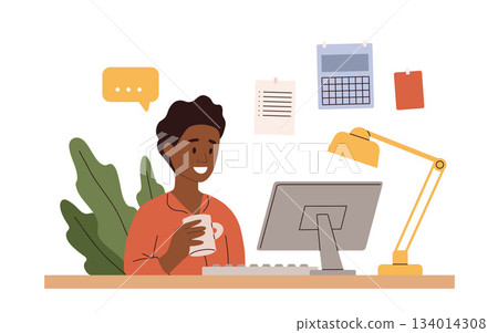 Working at home vector flat style illustration. Online career. Home office illustration. Young man freelancer working on laptop or computer at home. Business man at home in quarantine Working at home vector flat style illustration. Online career. Home office illustration. Young man freelancer working on laptop or computer at home. Business man at home in quarantine 134014308