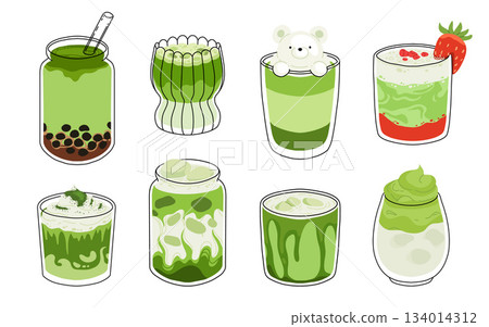 Set of Japan matcha latte. Collection of matcha drinks with latte art heart, leaf, bear, cat. Green iced matcha latte in various cups. Vector Illustration, flat cartoon Icons. Set of Japan matcha latte. Collection of matcha drinks with latte art heart, leaf, bear, cat. Green iced matcha latte in various cups. Vector Illustration, flat cartoon Icons. 134014312