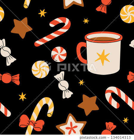 Christmas seamless pattern with candy canes, hot cup of tea, star ginger cookies, round candy. Background for wrapping paper, fabric print, greeting cards. Winter Holiday design. Christmas seamless pattern with candy canes, hot cup of tea, star ginger cookies, round candy. Background for wrapping paper, fabric print, greeting cards. Winter Holiday design. 134014313