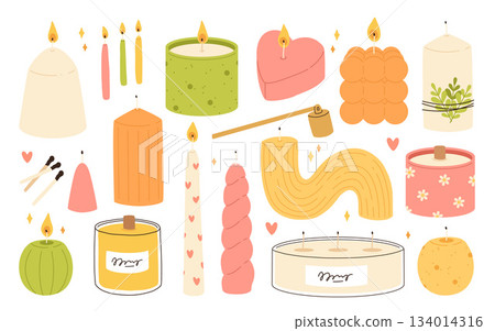 Various Candles. Different shapes and sizes. Pillar, jar candle, square, container candle, heart shaped. Decorative wax candles for relax and spa. Matches, candle snuffer. Hand drawn Vector set Various Candles. Different shapes and sizes. Pillar, jar candle, square, container candle, heart shaped. Decorative wax candles for relax and spa. Matches, candle snuffer. Hand drawn Vector set 134014316