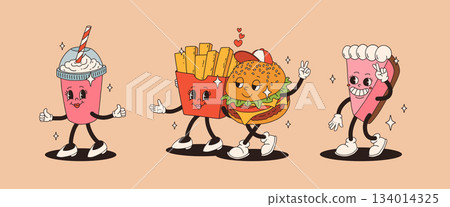 Set of fast food retro groovy cartoon character. Vintage mascot of burger, pizza, hot dog, ice cream, french fries, coffee to go, donut and soda with happy smile. Funky street food illustration 134014325