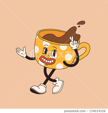 Retro cartoon coffee cup character. Mug mascot in different poses. 60s 70s 80s groovy contour vector illustration. Espresso black coffee cup. Retro cartoon coffee cup character. Mug mascot in different poses. 60s 70s 80s groovy contour vector illustration. Espresso black coffee cup. 134014326