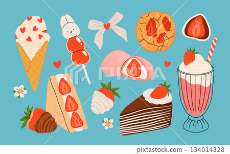 Strawberry set. Summer refreshing drinks, sweets and desserts with taste of strawberries. Chocolate strawberry. Flowers, petals, strawberries. Flat Vector illustration isolated on white background Strawberry set. Summer refreshing drinks, sweets and desserts with taste of strawberries. Chocolate strawberry. Flowers, petals, strawberries. Flat Vector illustration isolated on white background 134014328