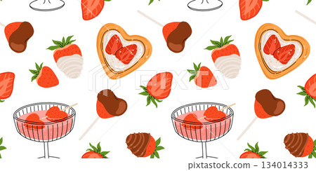 Strawberry flat vector seamless pattern. Summer drinks, sweets and desserts with taste of strawberries. Chocolate strawberry, cookie, sandwich, mochi, cheesecake, tanghulu. 134014333