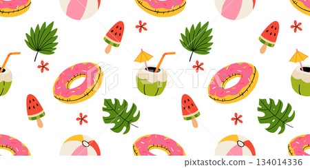 Seamless pattern with summer Icons for tropical vacation. Flat vector seasonal collection with ice cream, pineapple, tropic leaves, plumeria, watermelon, surfboard, beach accessories, swimsuit Seamless pattern with summer Icons for tropical vacation. Flat vector seasonal collection with ice cream, pineapple, tropic leaves, plumeria, watermelon, surfboard, beach accessories, swimsuit 134014336