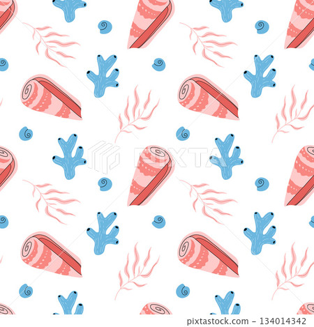 Beautiful coral reefs. Natural seamless pattern with undersea flora and fauna, sea or ocean life. Undersea backdrop with coral, algae, starfish, shells. Flat vector illustration 134014342