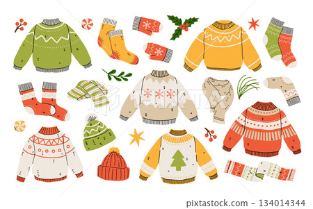 Vector set of cute winter clothes sweaters, socks, hats, mittens, scarf. Collection of ugly sweaters with norwegian ornaments. 134014344