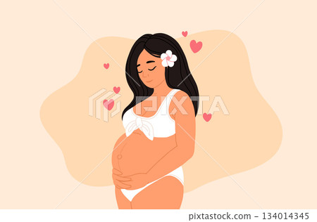 Beautiful smiling pregnant Asian woman. Flat cartoon vector illustration of pregnancy isolated on white background. Beautiful smiling pregnant Asian woman. Flat cartoon vector illustration of pregnancy isolated on white background. 134014345