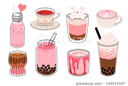 Collection of drinks for Valentine's Day. Mug with coffee, cocoa, hot chocolate, cream, bubble tea, strawberry milk with hearts, cherry cocktail, latte, love potion. Hot and cold beverages Collection of drinks for Valentine's Day. Mug with coffee, cocoa, hot chocolate, cream, bubble tea, strawberry milk with hearts, cherry cocktail, latte, love potion. Hot and cold beverages 134014347