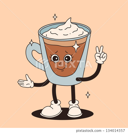 Funky groovy cartoon character Coffee sticker. Vintage funny mascot with psychedelic smile and emotion. Design art for cafe, bar, restaurant. Comic trendy vector illustration 70s 80s 90s style Funky groovy cartoon character Coffee sticker. Vintage funny mascot with psychedelic smile and emotion. Design art for cafe, bar, restaurant. Comic trendy vector illustration 70s 80s 90s style 134014357