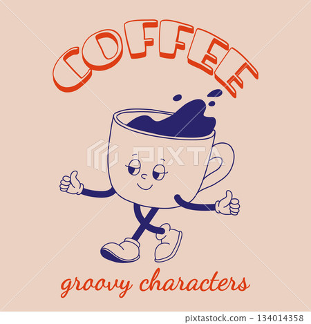 Funky groovy cartoon character Coffee sticker. Vintage funny mascot with psychedelic smile and emotion. Design art for cafe, bar, restaurant. Comic trendy vector illustration 70s 80s 90s style 134014358