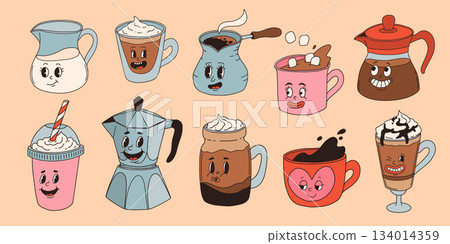 Retro groovy set with coffee mascot, cartoon characters, funny colorful doodle style characters, cappuccino, cocoa, latte, espresso and americano. Vector illustration on beige isolated background. 134014359