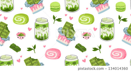 Japanese Matcha Food. Seamless pattern with Matcha Cheesecake and Matcha Tea. Vegan japanese green tea pastries and drink. Repeated Vector background, wrapping paper. Baked tart with green tea flavor. Japanese Matcha Food. Seamless pattern with Matcha Cheesecake and Matcha Tea. Vegan japanese green tea pastries and drink. Repeated Vector background, wrapping paper. Baked tart with green tea flavor. 134014360