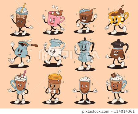 Retro groovy set with coffee mascot, cartoon characters, funny colorful doodle style characters, cappuccino, cocoa, latte, espresso and americano. Vector illustration on beige isolated background. Retro groovy set with coffee mascot, cartoon characters, funny colorful doodle style characters, cappuccino, cocoa, latte, espresso and americano. Vector illustration on beige isolated background. 134014361