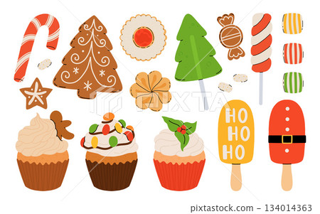 Set of sweets Various sweets, marshmallows, lollipops, cupcakes, candies for Thanksgiving and Christmas holidays. Confectionery, sweets and desserts Vector illustration on white Set of sweets Various sweets, marshmallows, lollipops, cupcakes, candies for Thanksgiving and Christmas holidays. Confectionery, sweets and desserts Vector illustration on white 134014363