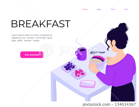 Isometric view on kitchen with young woman cooking healthy meal. Girl making oatmeal, raspberry and blueberry bowl with coffee. Smartphone application page for home recipe, Organic nutrition 134014367