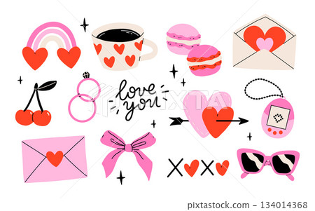 Valentine's Day set with heart and other elements on a white background. Valentine's day, wedding and love concept. Vector illustrations 134014368