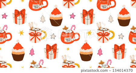 Seamless Christmas pattern with cacao drink, ginger cookie, present and lollipop. Vector illustration for textile, postcard, wrapping paper, poster, background, book, t-shirt. 134014370