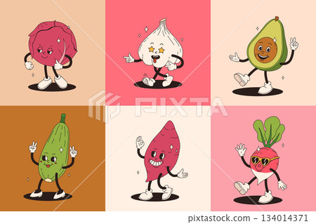 Funny vegetables retro cartoon characters sticker set. Modern label with cute comics characters. Hand drawn doodles of comic mascot. Set in modern cartoon style. 70s retro vibes. Funny vegetables retro cartoon characters sticker set. Modern label with cute comics characters. Hand drawn doodles of comic mascot. Set in modern cartoon style. 70s retro vibes. 134014371