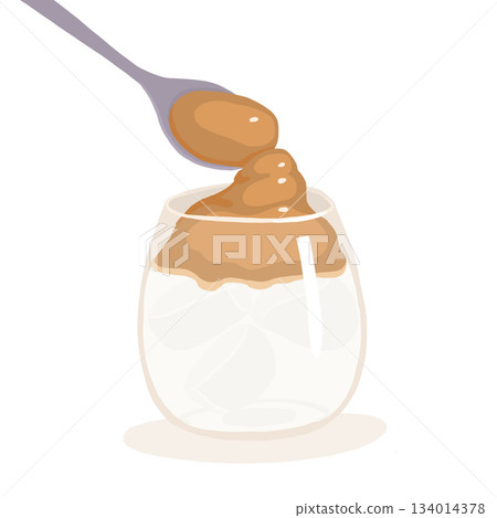 Dalgona Coffee Minimalist Vector Illustration. Glass of trending Korean whipped latte in muted pastel colors palette isolated on white background Dalgona Coffee Minimalist Vector Illustration. Glass of trending Korean whipped latte in muted pastel colors palette isolated on white background 134014378