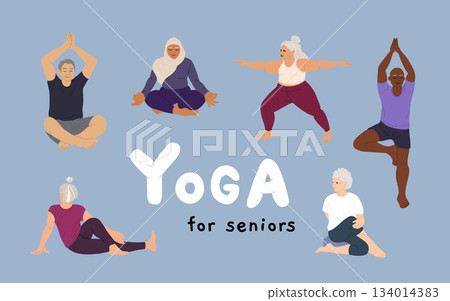 Physical exercises, sport and yoga of senior people set vector illustration. Cartoon isolated elder person doing active pilates poses and gymnastics, elderly happy man and woman stretching 134014383
