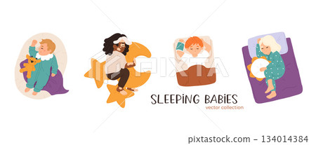 Sleeping babies set. Calm kids asleep, lying and dreaming at night. Cute little boys and girls, sweet children relaxing on pillows. Flat cartoon vector illustrations isolated on white background 134014384