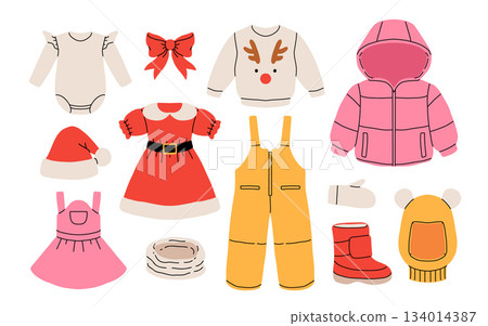 Christmas outfit for newborn or toddler girl. Winter Outfit for baby girl on xmas holidays. Cartoon vector Illustration with collection of warm clothes. 134014387