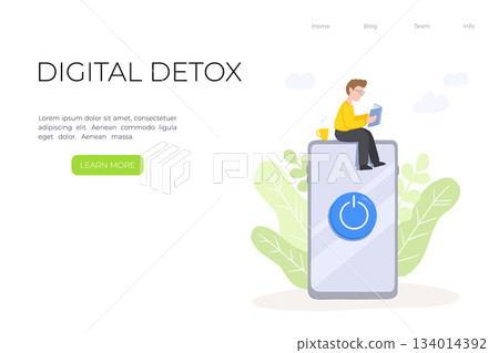 Digital detox - man is reading a book with cup of coffee. Miniature guy sitting on mobile phone. Freedom from smartphones, social media and internet. Disconnect offline devices 134014392