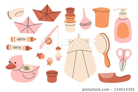 Accessories for bathing children vector illustrations set. Cartoon doodles of bathroom elements, towel, cream, toothbrush, thermometer isolated on white background. Baby care, hygiene Accessories for bathing children vector illustrations set. Cartoon doodles of bathroom elements, towel, cream, toothbrush, thermometer isolated on white background. Baby care, hygiene 134014395