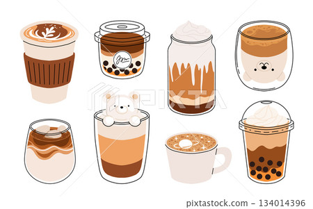 Set of Coffee Cups with Latte Art Patterns Front View. Cute rabbit, Flower and Heart foam shapes. Cafe Bar or Coffee House Graphics. Vector Illustration, Icons Set of Coffee Cups with Latte Art Patterns Front View. Cute rabbit, Flower and Heart foam shapes. Cafe Bar or Coffee House Graphics. Vector Illustration, Icons 134014396
