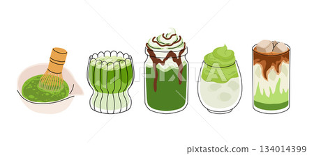 Set of Japan matcha latte. Collection of matcha drinks with latte art heart, leaf, bear, cat. Green iced matcha latte in various cups. Vector Illustration, flat cartoon Icons. Set of Japan matcha latte. Collection of matcha drinks with latte art heart, leaf, bear, cat. Green iced matcha latte in various cups. Vector Illustration, flat cartoon Icons. 134014399