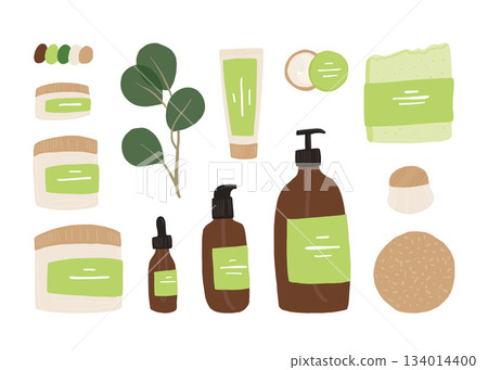 Flatlay Composition with leaf and natural organic cosmetic products in bottles,tubes and jars for skin care in a tray, solid shampoo and handmade soap. Skincare routine set. Flat vector illustration. Flatlay Composition with leaf and natural organic cosmetic products in bottles,tubes and jars for skin care in a tray, solid shampoo and handmade soap. Skincare routine set. Flat vector illustration. 134014400