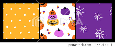 Purple, orange yellow and black seamless prints with Halloween decorative elements - ghost, pumpkin, sculls. Cute vector characters, decor objects - sweets, pumpkin, witch, ghost, bat. Pattern design Purple, orange yellow and black seamless prints with Halloween decorative elements - ghost, pumpkin, sculls. Cute vector characters, decor objects - sweets, pumpkin, witch, ghost, bat. Pattern design 134014401